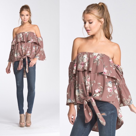 BellanBlue Tops - 014 boho Mocha Floral Print Off Shoulder Blouse